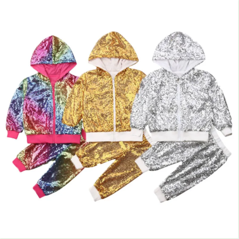 

Kids Girls Autumn Winter Outfits Sequin Zipper Long Sleeve Pullover Tops Pants Tracksuit Clothes Children arrival 2Pcs Outfits
