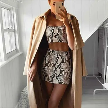 

Sexy Women Snakeskin Print Summer Clothes Sets Sleeveless Crop Tops Mini Skirts Party Club Dress Ladies 2 Piece Set