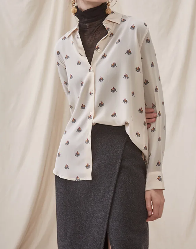 

Elephant Print Silk Blouse Women Casual Loose Long Sleeve Shirt With Button