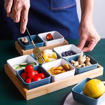 

ceramic grid fruit plate snack plate serving platter Japanese small dish with tray Home desktop dried fruit snack tray