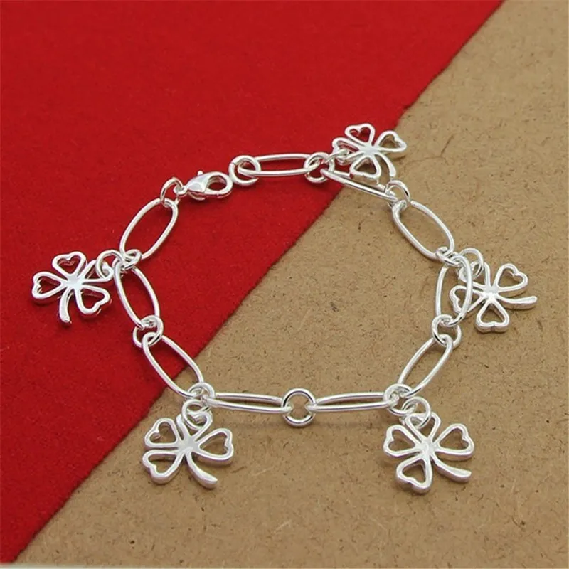 High Quality 925 Sterling Silver Bracelet Four Leaf Clover Paper Clip Bracelet 8 Inches For Women & Men Party Charm Jewelry Gift - Image 2