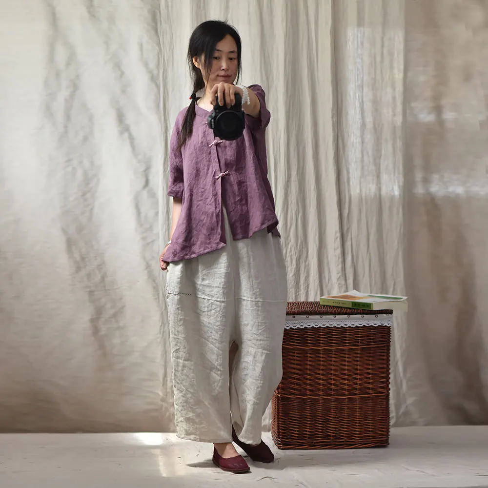 Women Loose elastic Waist ramie Wide Leg Pants Ladies 2022 Spring Summer Trousers female Embroidered Pants 3