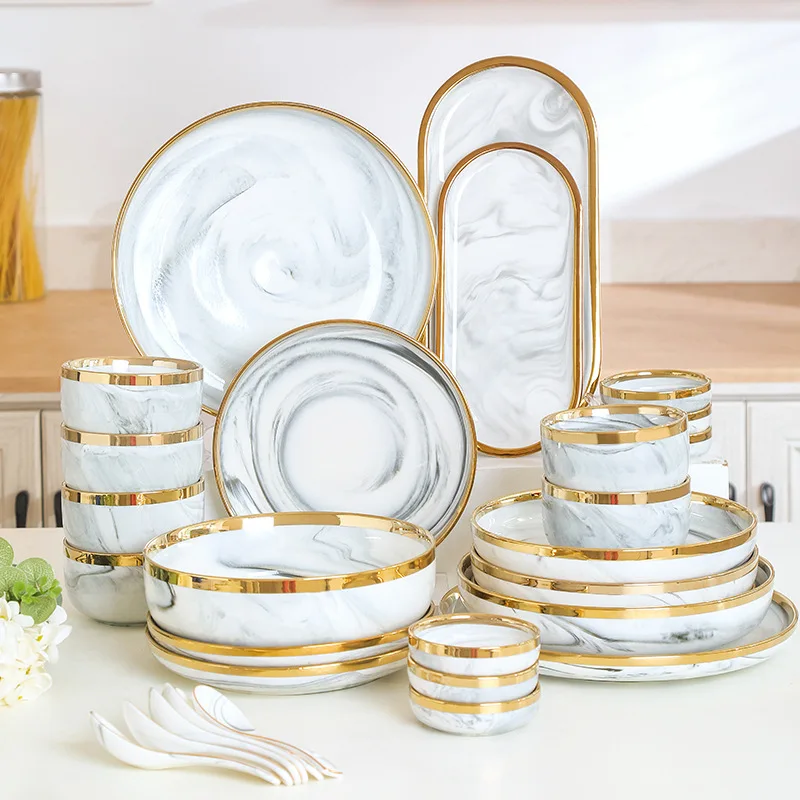 New Double-sided Gilt Rim Gray Marble Pattern Gilt Rim Porcelain Dinner Plate Set Salad Noodles Bowl Ceramic Tableware