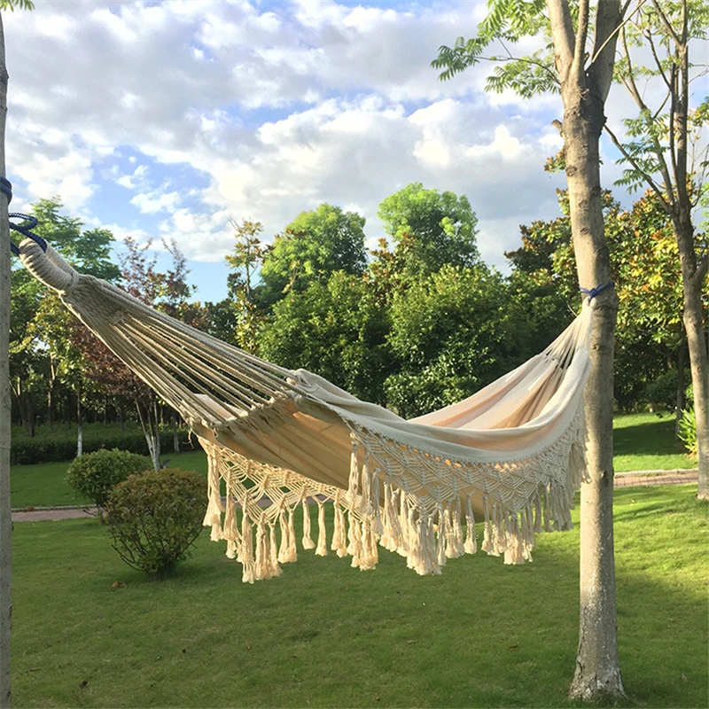 2 Person Hammock Boho Large Brazilian Macrame Fringe Double Deluxe Hammock Swing Net Chair for Out/Indoor Patio Porch Decor