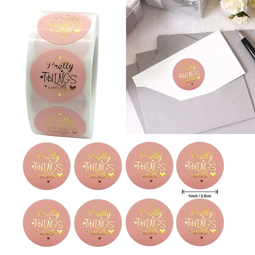 500pcs 1inch Cute Pink Pretty Things Inside Round Gold Sticker Envelope Gift Box/ Bag DIY Decoration