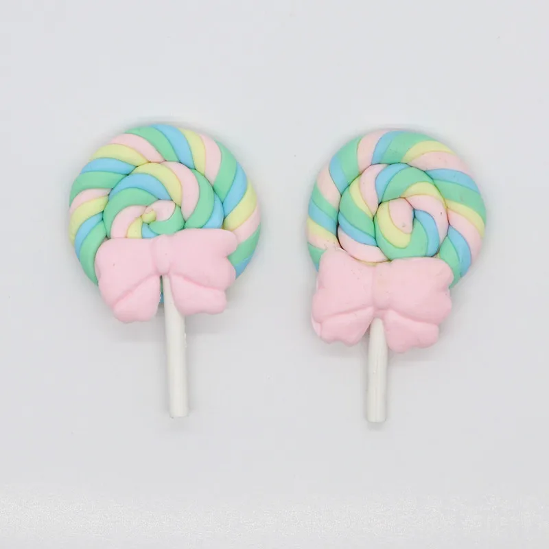 10pcs/lot 28*42MM Kawaii Soft Clay Rainbow Lollipop Cabochons Handmade Resin Material DIY Hair Bow Decorative