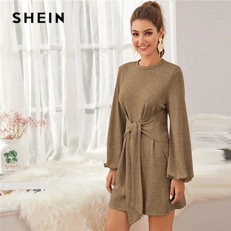 SHEIN серый свитер с рукавом с узлом спереди, милое платье, Женское зимнее весеннее однотонное прямое повседневное короткое платье с круглым вырезом