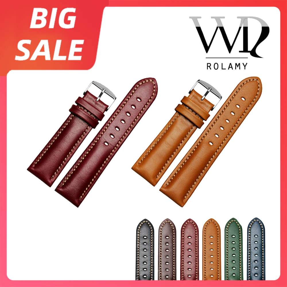 Rolamy 18 20 22 Millimetri Top In Pelle Fatti A Mano Vintage Nero Rosso Verde Da Polso Watch Band Strap Cintura Per Citizen Omega Rolex Tag Heuer