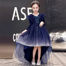 Элегантное праздничное платье принцессы с v-образным вырезом и длинным шлейфом для дня рождения Детские костюмы для маленьких девочек, Сетчатое платье