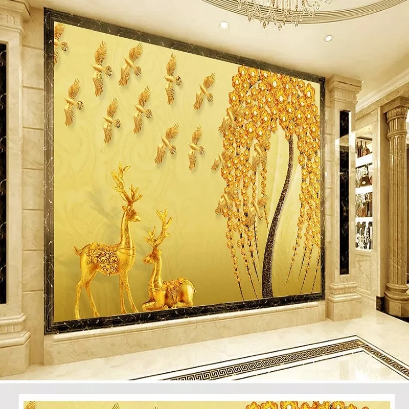 

Custom large mural 3D wallpaper Modern fashion creative luxury pearl jewelry golden lucky tree fawn wall decor 5D embossed