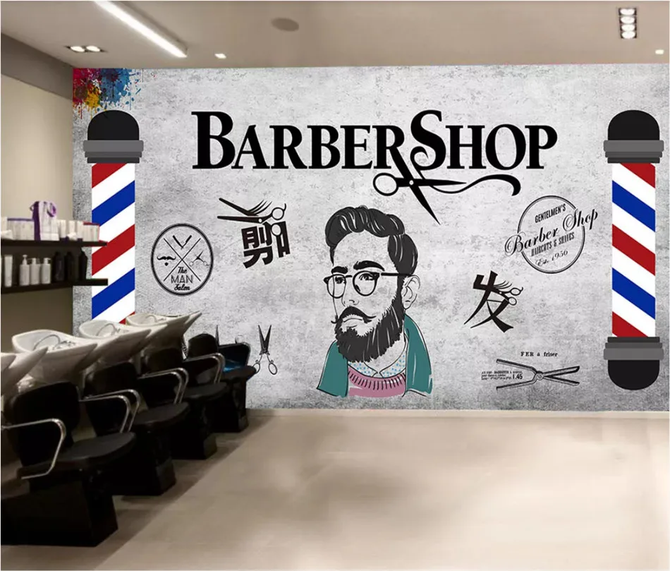 Ручная роспись ретро Ностальгический парикмахерский салон Парикмахерская настенная бумага Стрижка волос магазин промышленный Декор Фон настенная бумага 3D