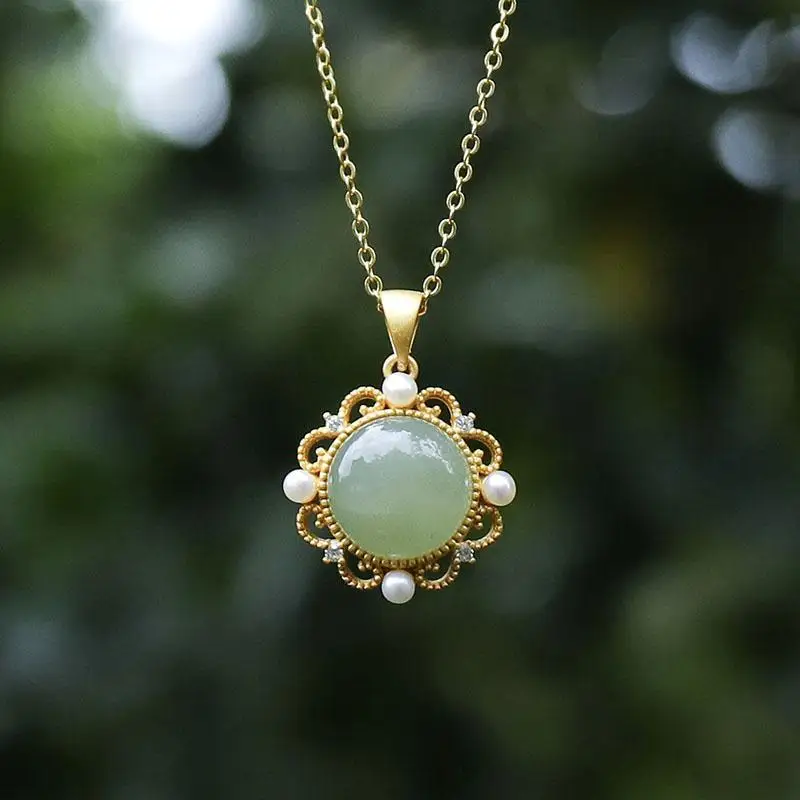 S серебристый (Hetian) нефрита Jade Jasper кулон ожерелье круглые винтажные туфли в