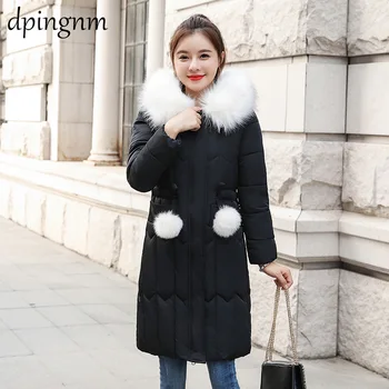 

Cotton Padded Jacket Women Winter Coat Warmness Plus Size Black Overcoat Parka Basic Jackets Thick Fleece Fur Hood Outwear