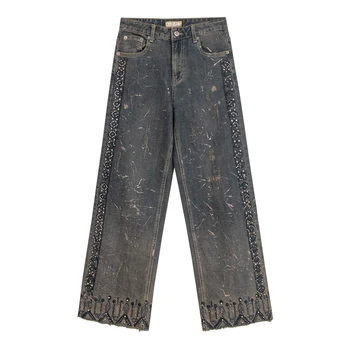 

Winter Fall Vintage Casual Womens High Waisted Rivets Tassel Printed Wide Leg Denim Trousers , Tassel Jeans Pants for Women