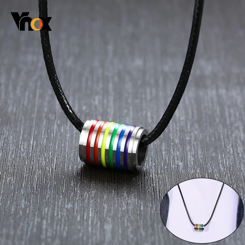 

Vnox Rainbow Round Circle Pendant Necklaces for Men Woman LGBT Jewelry with Black Leather Cord Chain