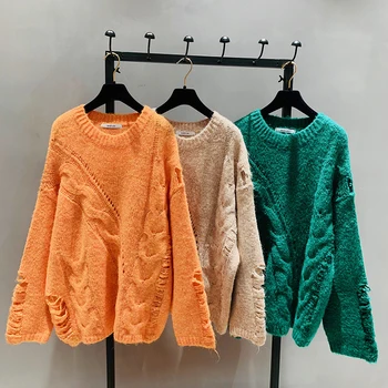 

2020 New Fall/Winter Crewneck Turtleneck Sweater Loose Jumper Women's Middle Long Twist Broken Hole Knitted Sweater Oversized