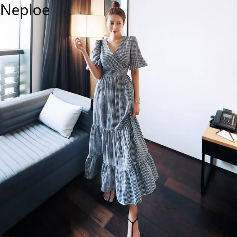 Neploe корейский элегантный темперамент крест ТРАПЕЦИЕВИДНОЕ платье для женщин v-образный вырез тонкая талия Vestido плед оборками ropa mujer Лето 46246