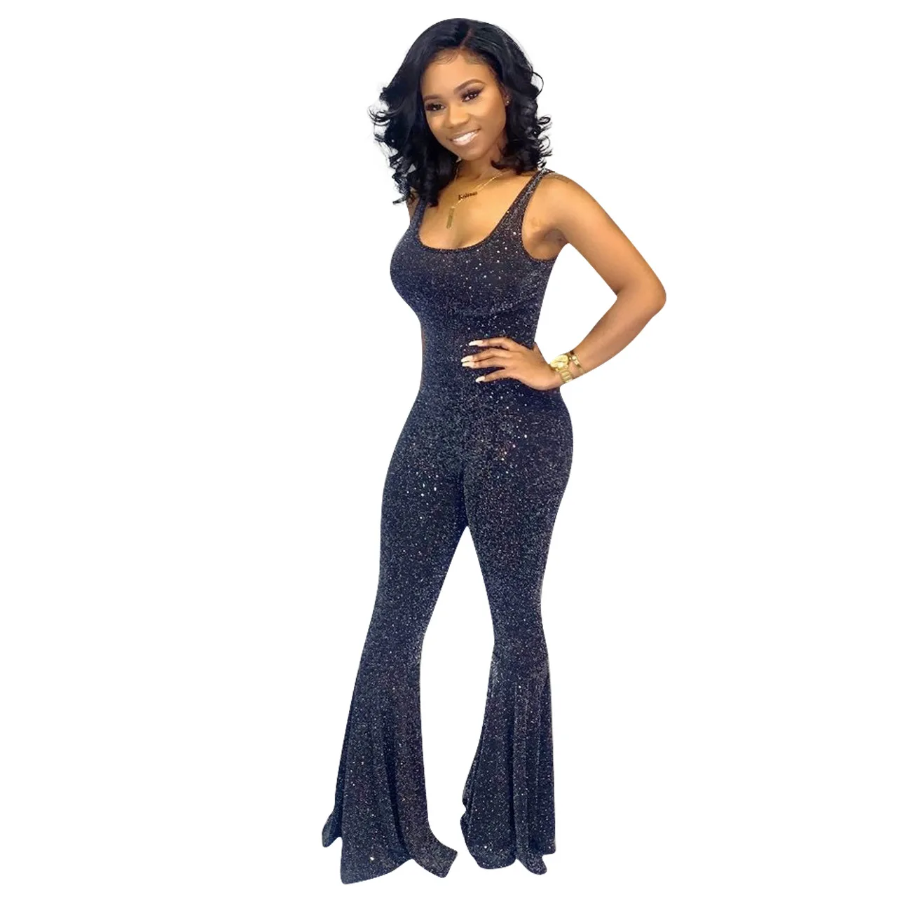 Лето Осень женский комбинезон Bodycon игровой костюм спортивный костюм комбинезон комбинации большой размер блесток сексуальные комбинезоны - Цвет: black