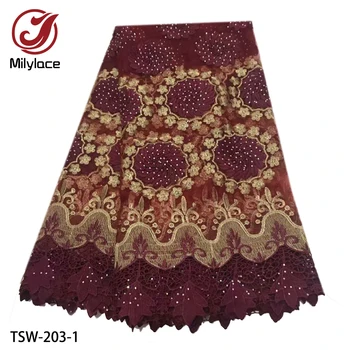 

African Lace Fabric 5 Yards Milk Silk Embroidery Tulle Lace Fabric with Stones Nigerian Guipure Lace for Party TSW-203