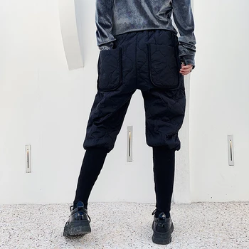 

2019 Autumn And Winter New Dark Quilted Solid Color Slim Harem Pants Fashion Casual Beam Pants High Street Trend Black M-XL