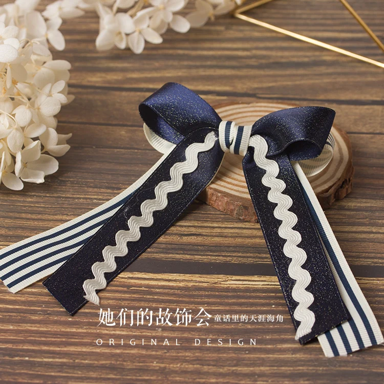 Hand made Sweet Navy Style Starry sky Dark Blue headdress Hair Ornaments Japanese Cute Bowknot stripe Handmade Hair Clip Cosplay
