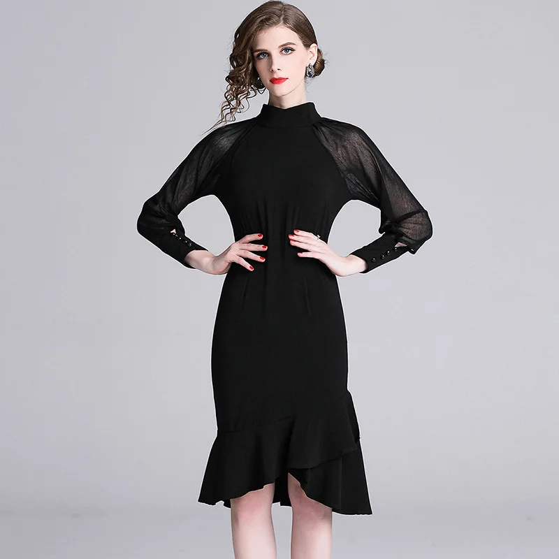 

2018 New Style Evening Gown Black And White with Pattern-Style Simple Elegant Debutante Long Sleeve Fishtail Skirt Slim Fit Banq