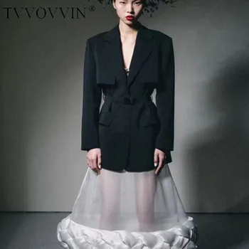 

TVVOVVIN And Autumn 2020 NEW Winter Turn-down Collar Full Sleeves Spliced Fake Two Pieces Waist Belt Blazer 31HM