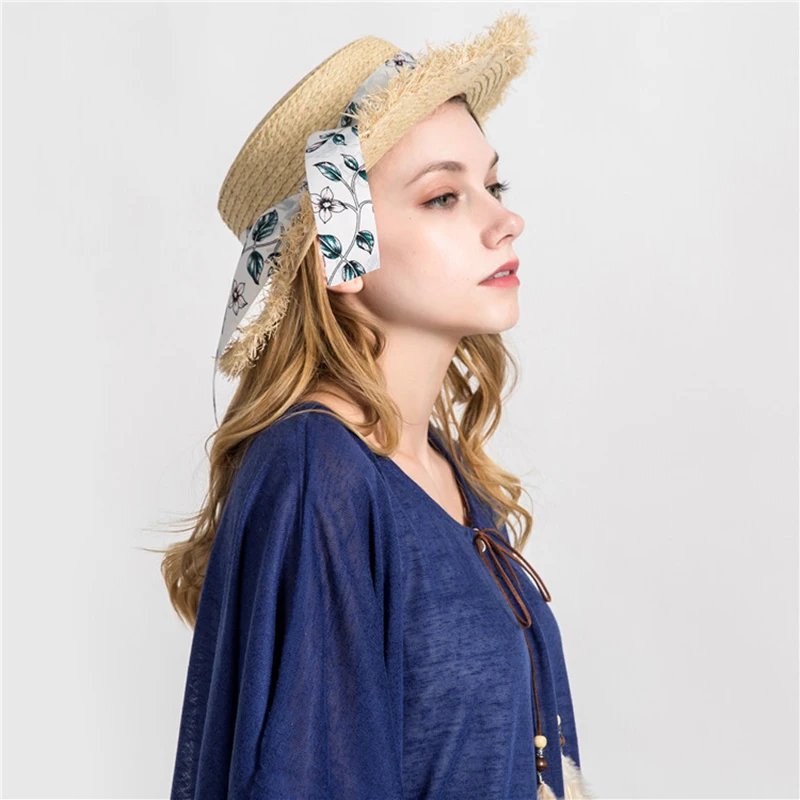 

2019 Summer Kentucky Derby Hat White Ribbon Tie Sun Hat Flat Women High end Wide side Sun Hat Beach Cap Wide Brim Boater Hat