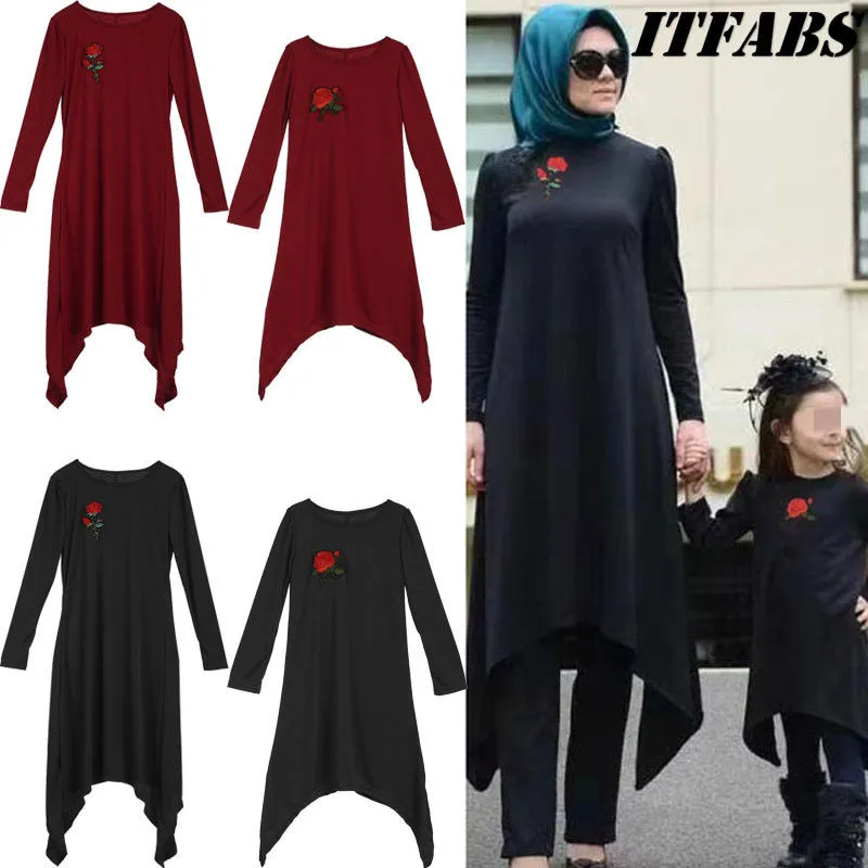 

New Family Matching Clothes Dress Muslim Mommy Girl Flower Pattern Dresses Outfits Long Sleeve Mom Girls Sexy Maxi Dress