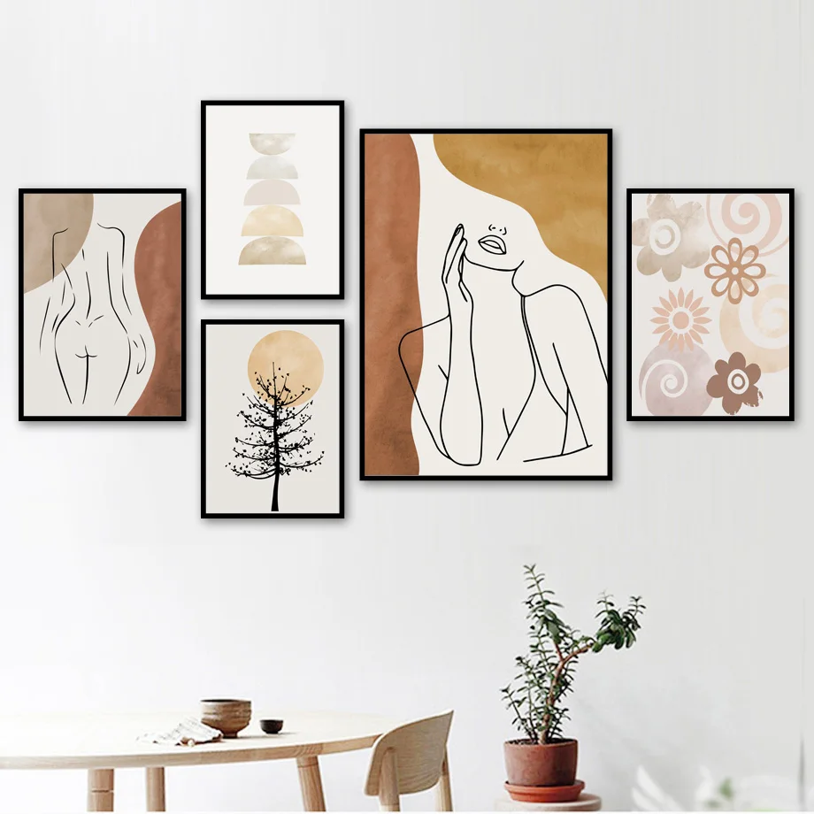 Girl Body Sun Tree Curve Abstract Retro Wall Art Canvas Painting Nordic Posters And Prints Pictures For Living Room Decor | Дом и сад