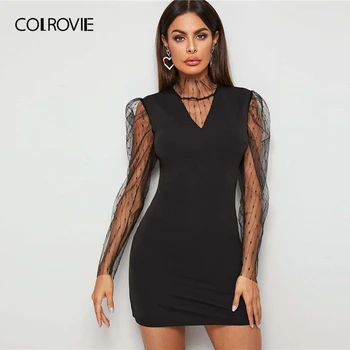 

COLROVIE Black Contrast Mesh High Neck Fitted Dress Women Solid Elegant Mini Dress 2020 Spring Sheer Puff Sleeve Pencil Dresses