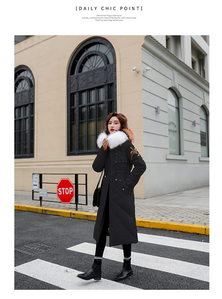 Down Jacket Women's New Style Mid-length-Style White Duck down Korean-style Large Fur Collar Loose-Fit Embroidered Warm Coa