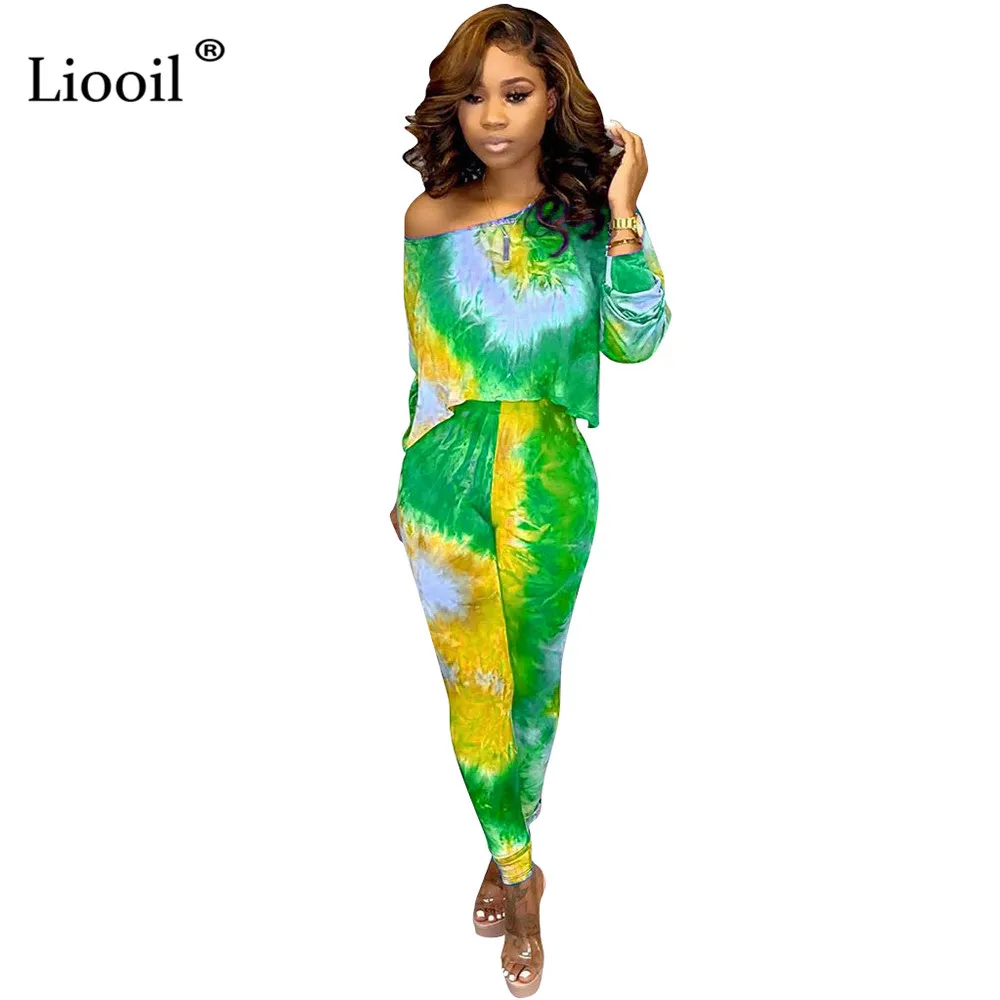 Liooil Tie Dye спортивный костюм женский комплект из двух предметов осень скидка пикантное платье на одно плечо футболка Топ и длинные брюки-карандаши набор для бегунов