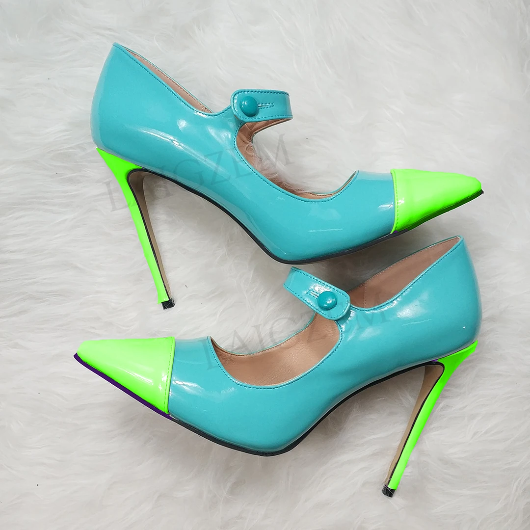 LAIGZEM/пикантные женские туфли-лодочки разных цветов на тонком каблуке; свадебные вечерние туфли Mary Jane; Цвет фиолетовый, синий; женская обувь года; большие размеры 34-47 - Цвет: Blue-Green