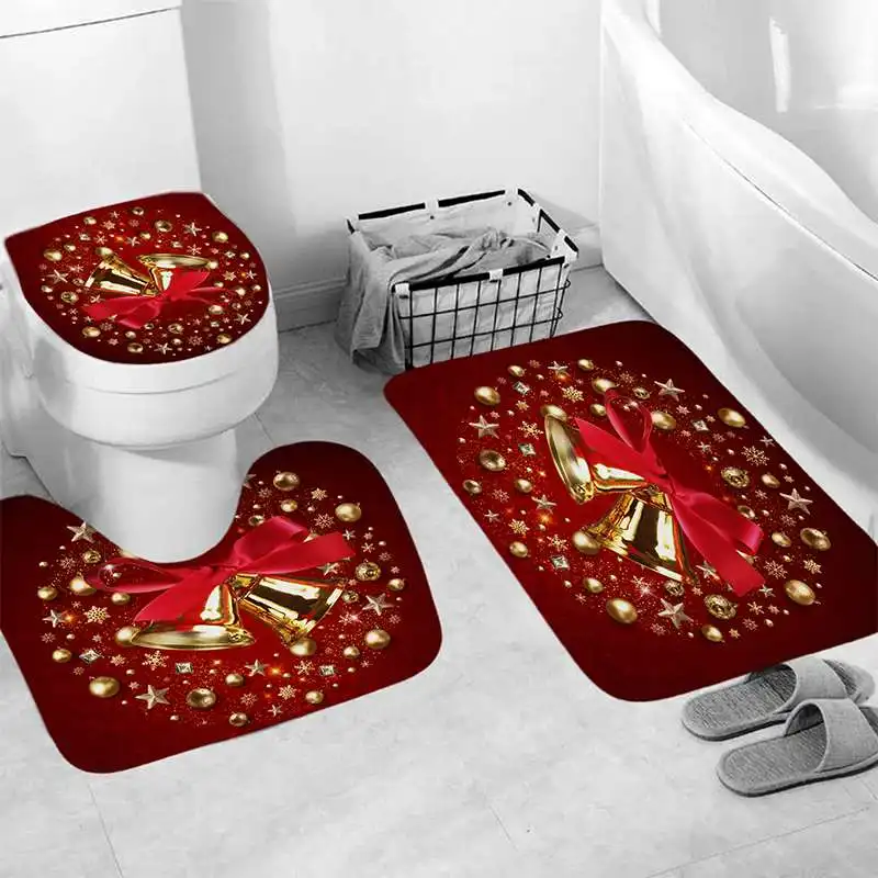 4 шт./компл. Merry Christmas Ванная комната комплект колокол узор 180x180 см Водонепроницаемый полиэстер Душ Шторы коврик для крышки унитаза Нескользящие ковер
