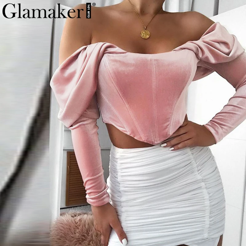 Glamaker с открытыми плечами розовая Вельветовая блузка рубашка женская плиссированная с длинным рукавом винтажная блузка весенние сексуальные элегантные вечерние клубный кроп-топ