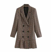 Осенне-зимнее клетчатое двубортное мини-платье с v-образным вырезом для женщин, Элегантное повседневное уличное пальто с карманами для девушек, стиль для женщин