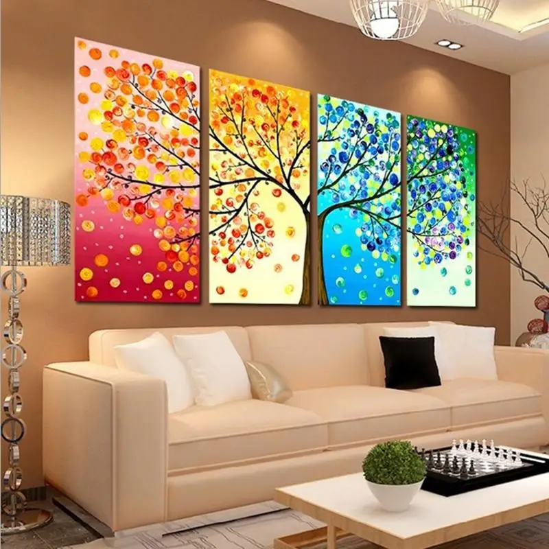 

4 Piece Abstract Four Seasons Tree Oil Painting Hand-Painted Modern Canvas Tree Wall Art Living Room Wall Decor Home Decoration