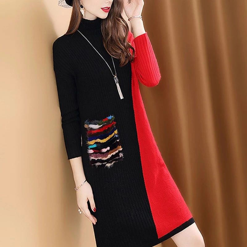 Famale moda negro rojo Patchwork largo vestido de mujer de larga de piel de bolsillo Pullovers de punto vestidos sueltos L3970|Vestidos| - AliExpress