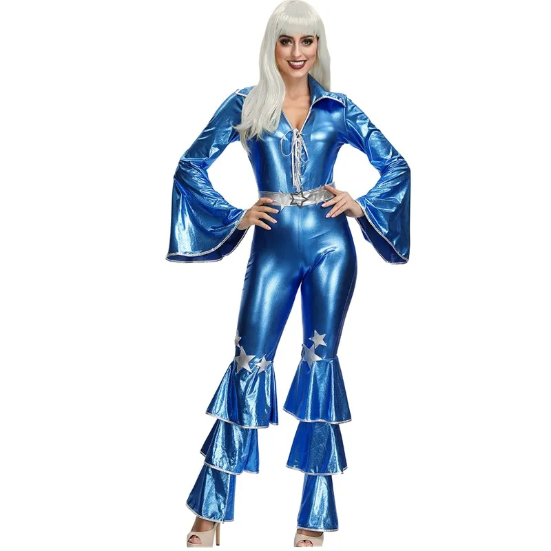 Высокое качество синий комбинезон в стиле ретро Дискотека 60 70 хиппи певицы костюм на Хэллоуин для ночного клуба, для певицы, костюм для выступлений