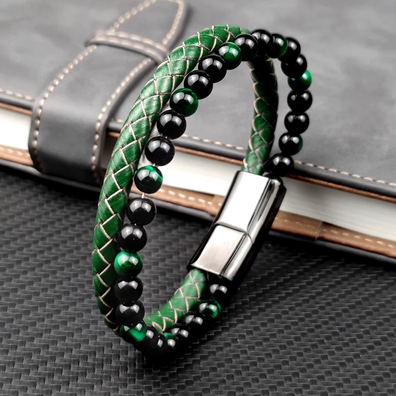 Fashion Green Stone Beads Men Bracelet Multilayer Leather Bracelet Punk Jewelry Stainless Steel Magnetic Clasp Bangles MingAo,bracelet jewelry