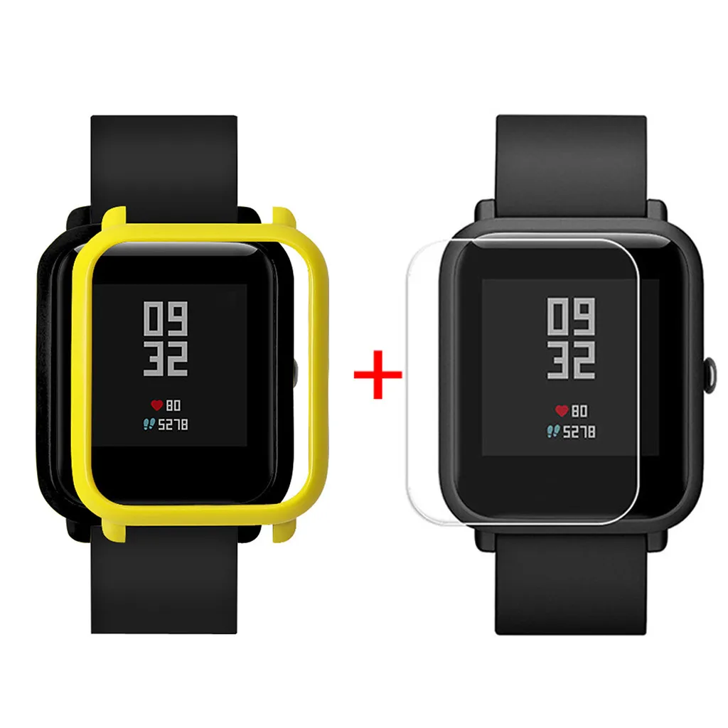 Yellow Защитный чехол-накладка+ Защитная пленка для экрана для Xiaomi/Huami Amazfit Bip Youth Watch тонкий цветной Чехол-рамка#25 - Цвет: Yellow