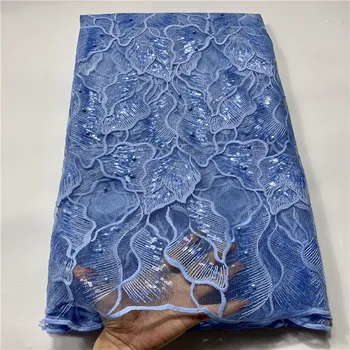 

African Beaded Lace Fabric Latest 2020 High Quality French Tulle Mesh Lace Sky Blue Embroidery French Lace Fabric With Sequins