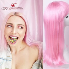 

Ty.Hermenlisa Pink Cosplay Wigs For Women With Bang 2021 Synthetic Lace Front Wig Straight Hair Extensions Women's Headband Wig
