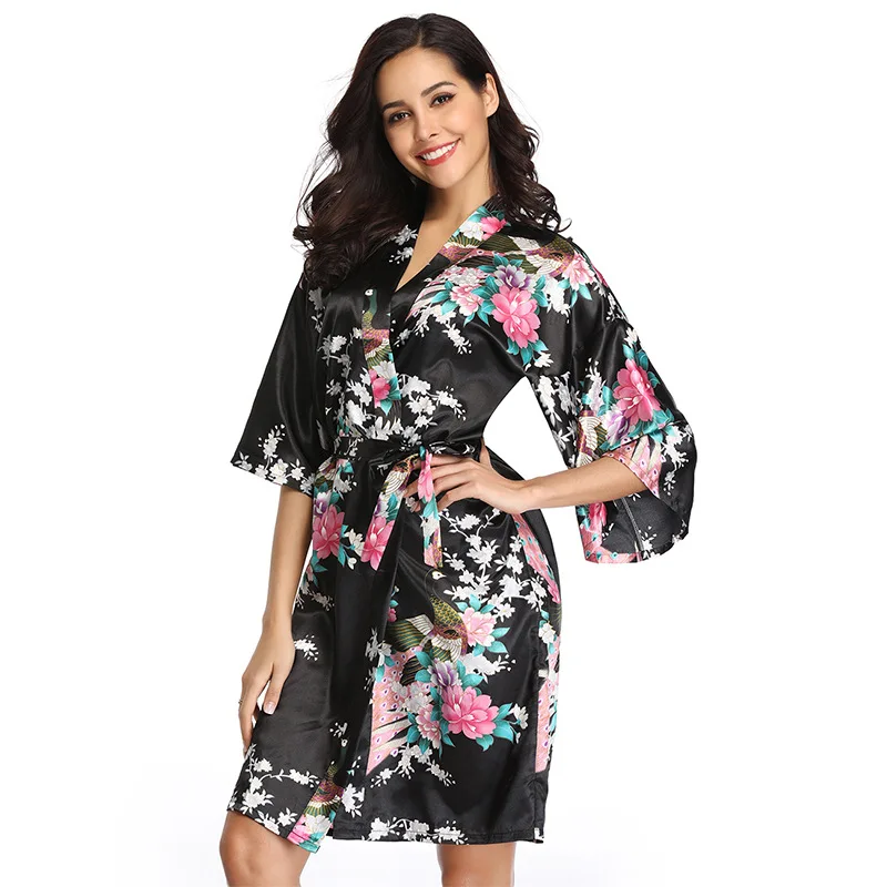 Europe And America Large Size WOMEN'S Pajamas Printed Women's Robes Tied Belt Nightgown Supply of Goods R80