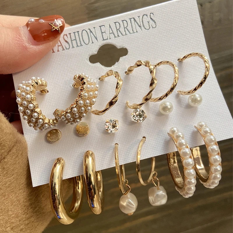 Earrings-Set Geometric Pearl-Circle 17KM Gold Fashion Women Metal Trendy for Jewelry