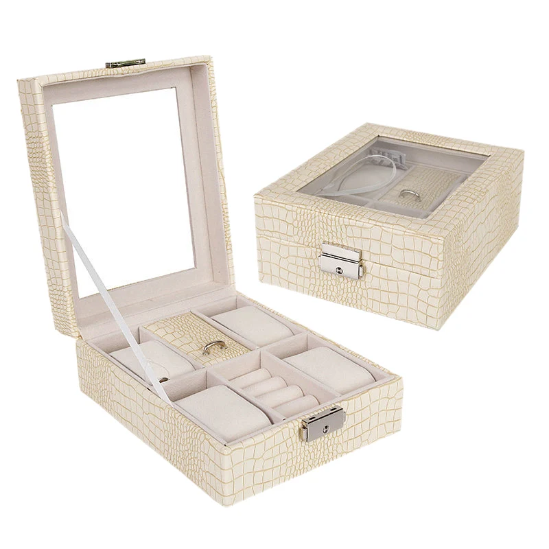 

New Watch Jewelry Box Storage Organizer Case Ring Earring Necklace Leather Cream Color