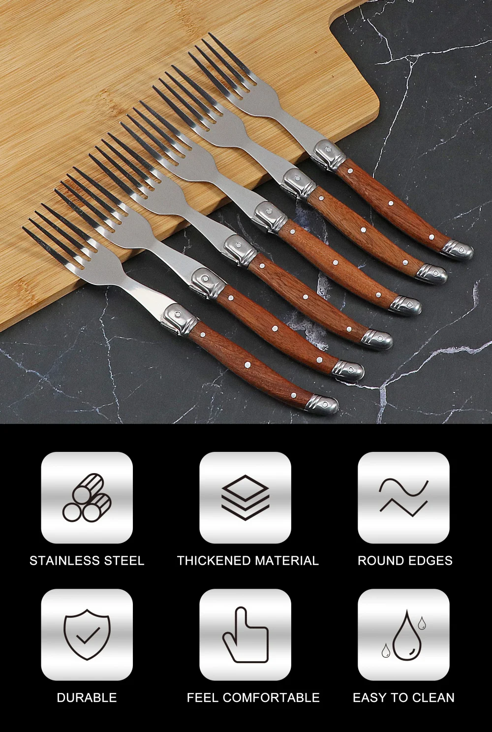 Description Picture 3 of itemJaswehome Laguiole Wood Handle 6pcs Dinner Fork Collection Stainless Steel Dessert Forks Table Forks Serving Flatware Set