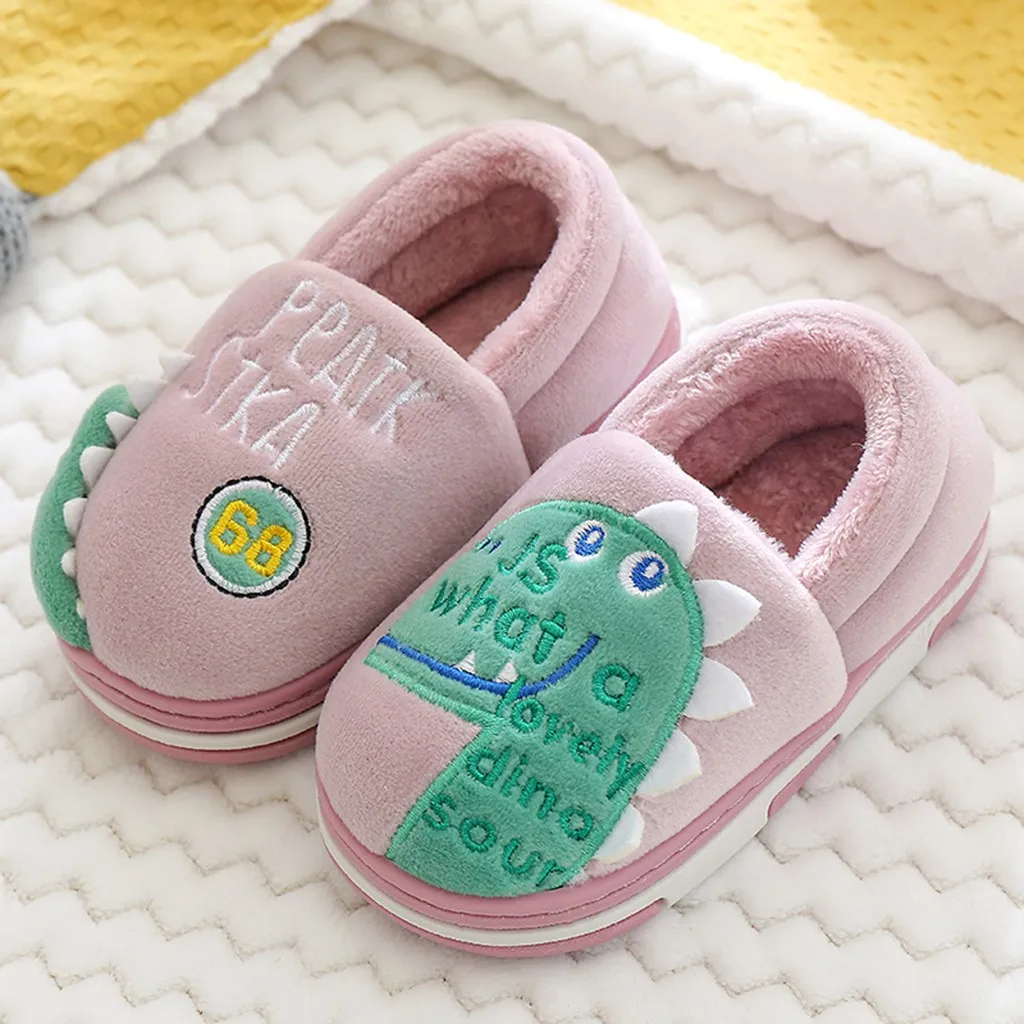 Тапочки для малышей; тапочки для маленьких девочек и мальчиков; домашняя обувь из флока с динозавром; зимняя теплая Повседневная Домашняя обувь для детей; Zapatillas Bebe Kapcie