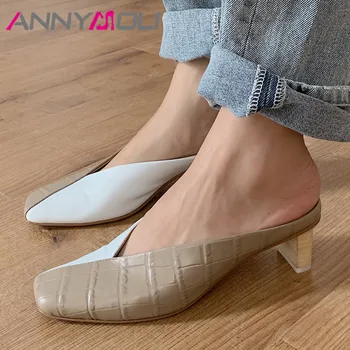 

ANNYMOLI Woman Mules Shoes Natural Genuine Leather Med Heels Office Block Heel Female Pumps Square Toe Ladies Footwear Green 40
